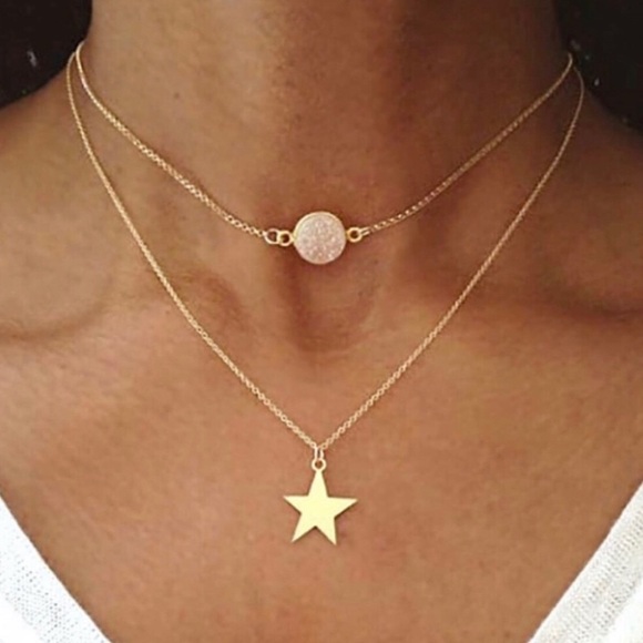 Rose Quartz Gold Star Dainty Layered Necklace - Picture 4 of 4